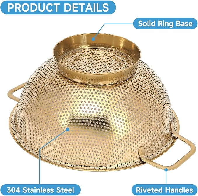 2PCS Gold Strainer for Kitchen, 3QT and 5QT, Stainless Steel Colander - Image 5
