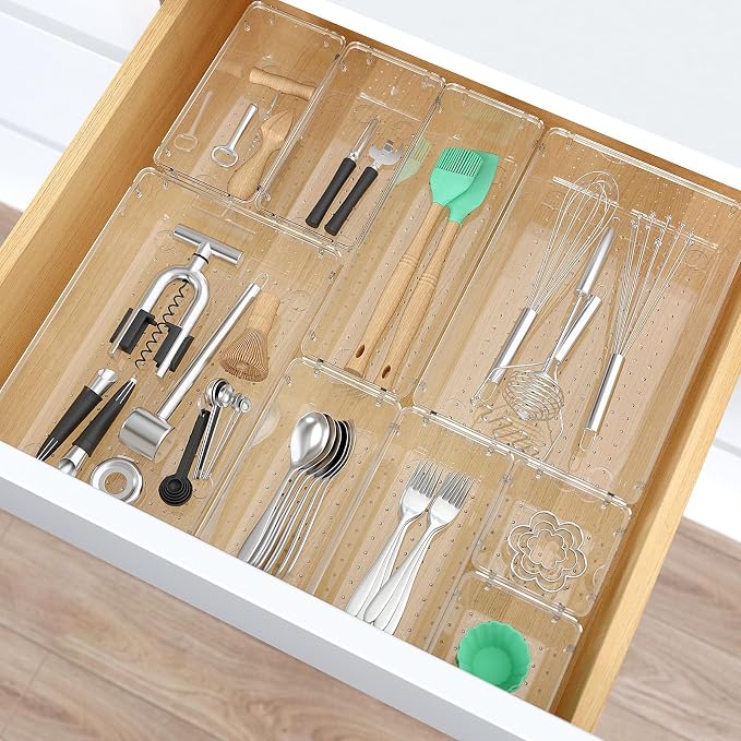 StorMiracle 13 PCS Clear Plastic Drawer Organizers Set, 4 Size Desk Drawer - Image 6