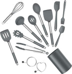 Silicone Cooking Utensils Set, E-far 14-Piece Gray Kitchen Utensils Set by E-far
