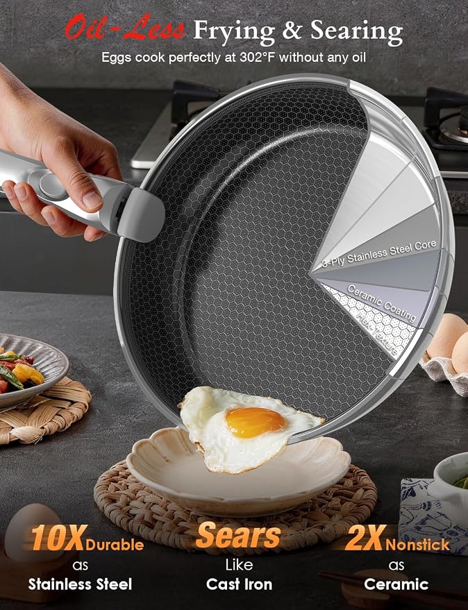Pro DUXANO 12PC Nonstick Pots and Pans Set&Hybrid 3-Ply Stainless Steel Skillet - Image 3
