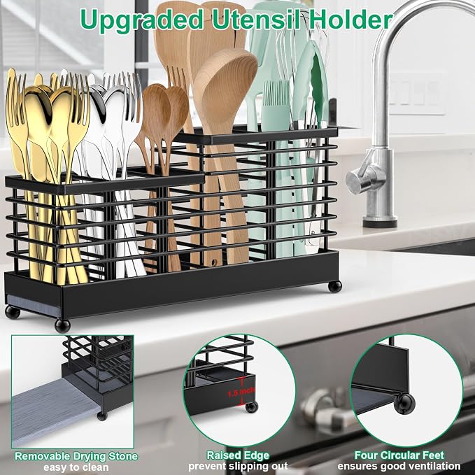 TomCare Utensil Holder with Water Absorbent Diatomite Stone 3 Removable - Image 3