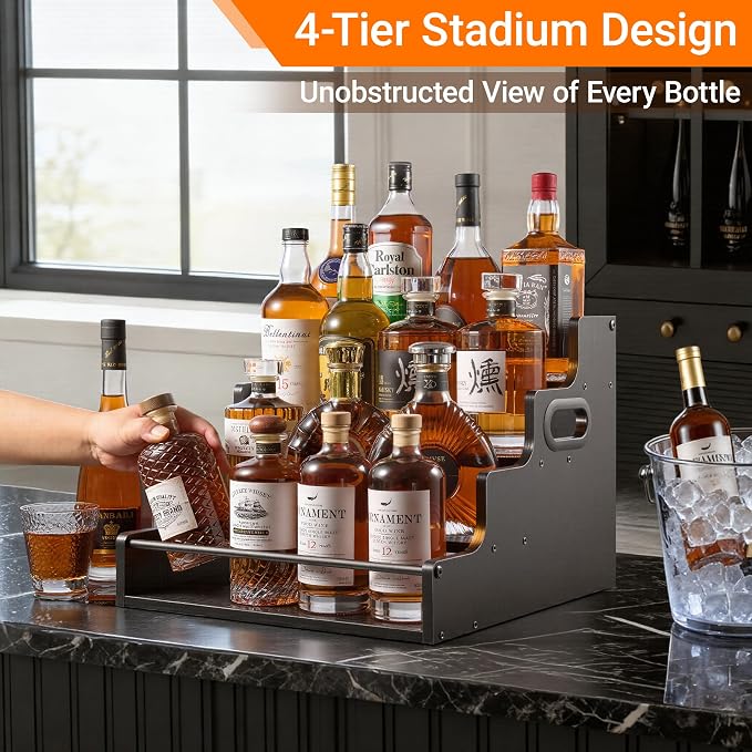 YQBRAO 2 Pack 4-Tier Liquor Bottle Display Shelf, 16-Inch Wooden Bar Shelves - Image 2