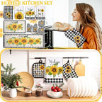 Fourluoo 10 Pcs Sunflower Kitchen Decor 4 Black and White Buffalo Plaid Dish - Image 2