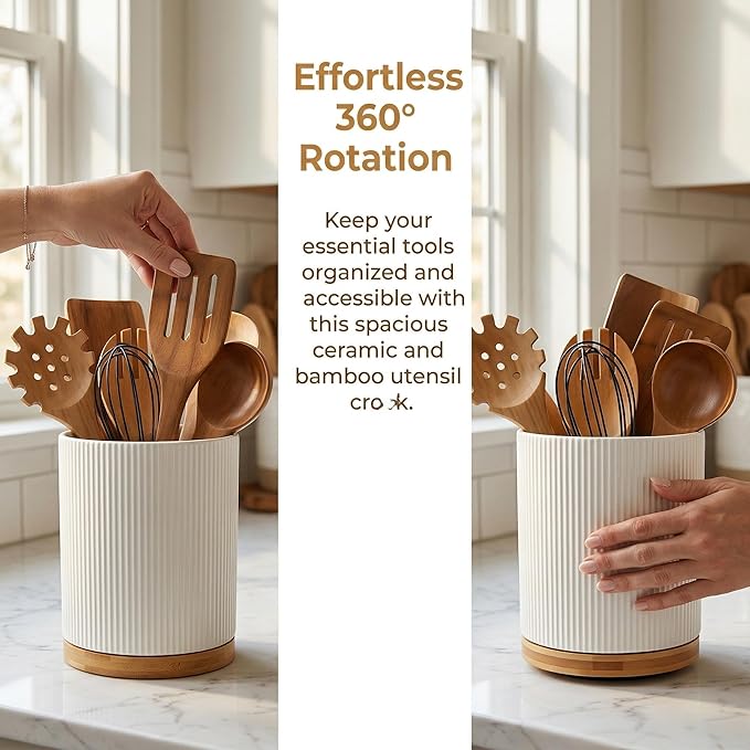 QUELIEN Utensil Holder, 360° Rotating Ceramic Kitchen Utensil Holder - Image 5