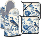 Blue Bird Blooming Flower Oven Mitts and Pot Holders Sets Heat Resistant 4Pcs by ANTJOO
