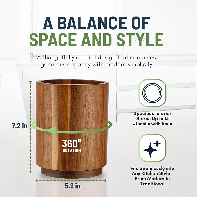 Linda's Essentials Acacia Wooden Utensil Holder - Image 3