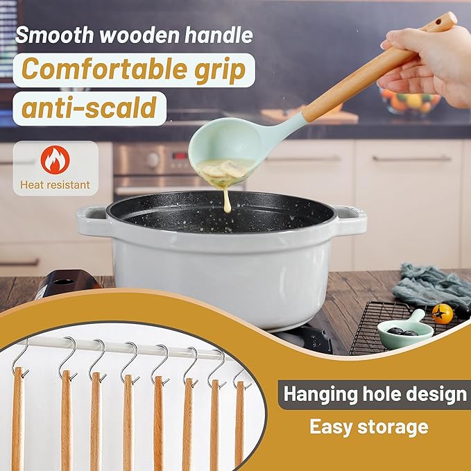 QMVESS Silicone Kitchen Utensils Set, Sturdy Insulation Wooden Handle Kitchen - Image 4