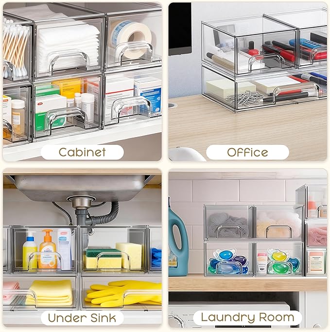Criusia Stackable Storage Drawers, 6 Pack Clear Plastic Makeup & Bathroom - Image 7