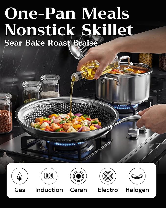 Nonstick Frying Pan with Lid 12-Inch, Durable Stainless Steel Skillet, - Image 4