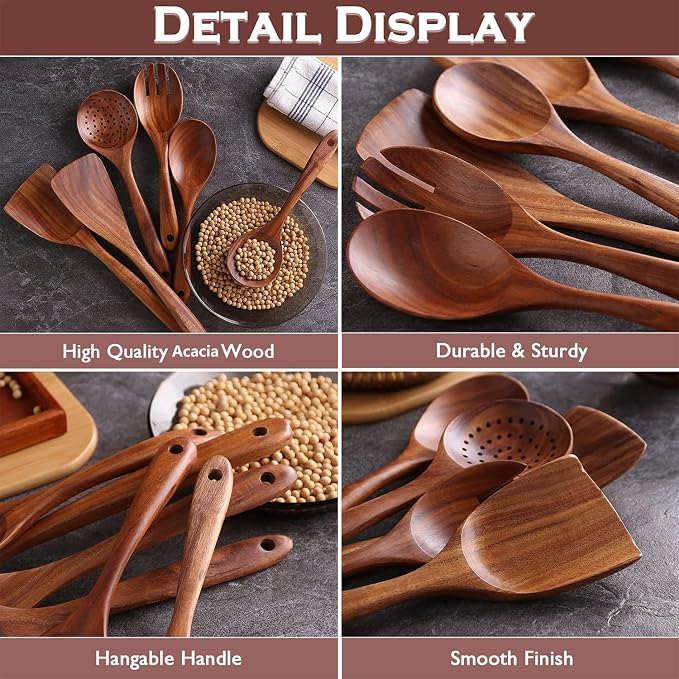 6Pcs Wooden Utensil Set, Natural Acacia Wooden Spoons - Image 4