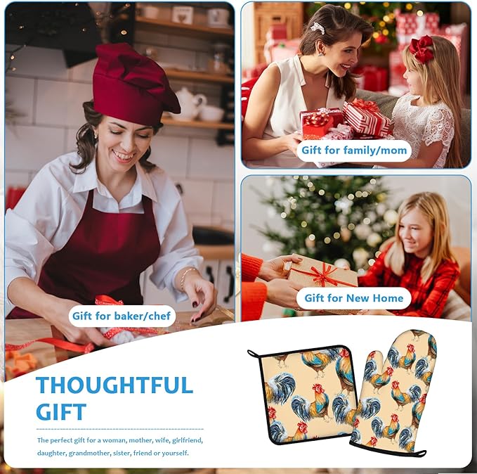 Watercolor Rooster Oven Mitts and Pot Holders Sets Heat Resistant 4Pcs - Image 7
