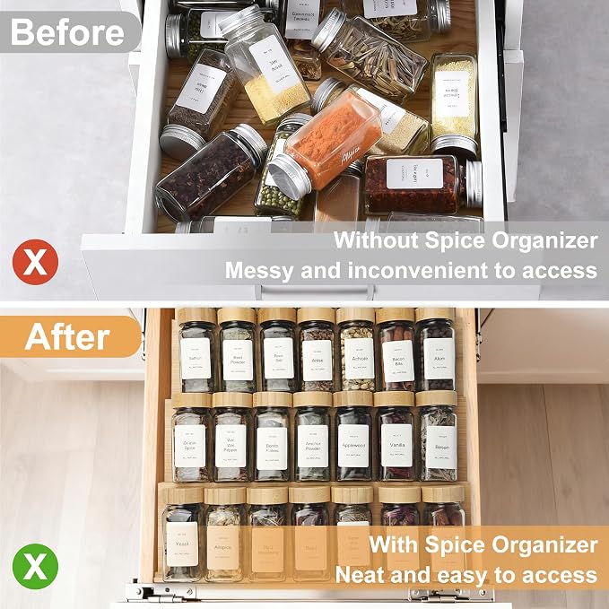 Spice Drawer Organizer with 24 Bamboo-lidded Spice Jars, 216 Labels, 25 - Image 5