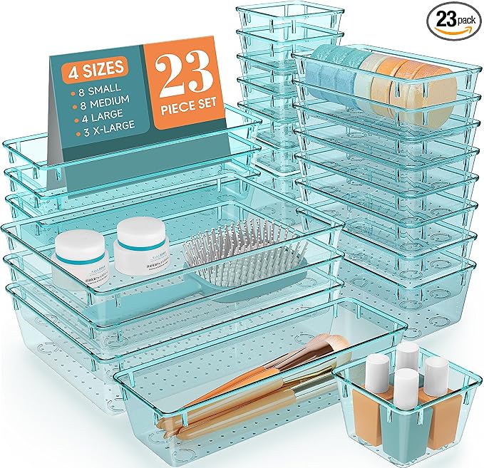 StorMiracle 23 PCS Clear Plastic Drawer Organizers Set, 4 Size Desk Drawer by StorMiracle