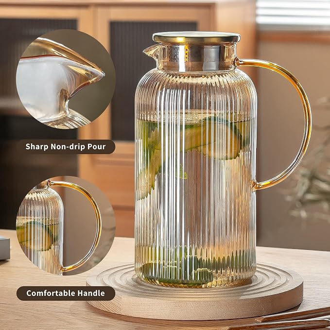 Buaic Glass Pitcher with Lid, 68 oz/ 2 Liter Amber Classic Vertical Stripes - Image 3