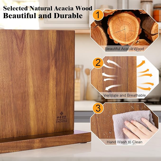 ENOKING Extra Large Magnetic Knife Block, 15.2-In Acacia Wood Knife Holder - Image 4