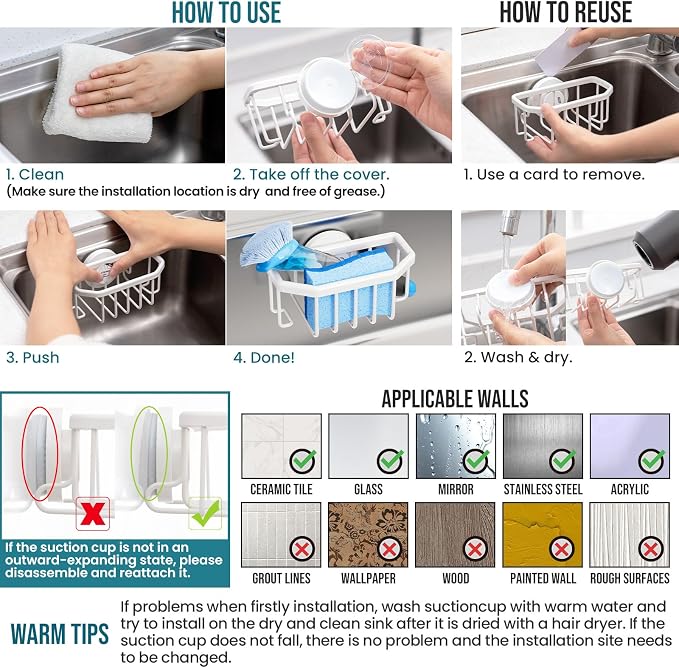 TAILI Sink Caddy with Strong Suction Cup, Sponge Holder - Image 7