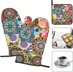 Boho Floral Oven Mitts and Pot Holders Sets, Heat Resistant Colorful Kitchen - Image 3