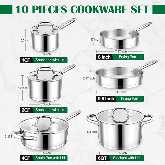 E-far 10-Piece Stainless Steel Cookware Set, Induction Pots and Pans Set - Image 2