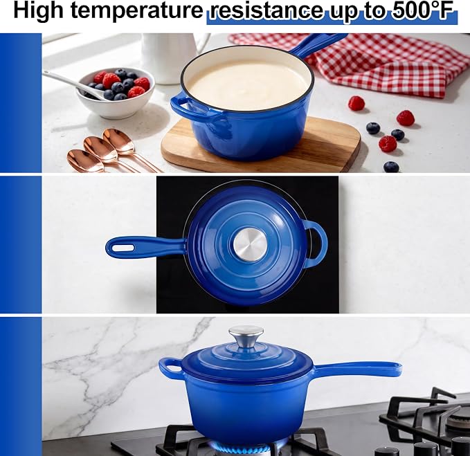 2 Pcs Enameled Sauce Pan with Lid, Leonyo 1 Qt & 2 Qt Cast Iron Saucepan Set - Image 7