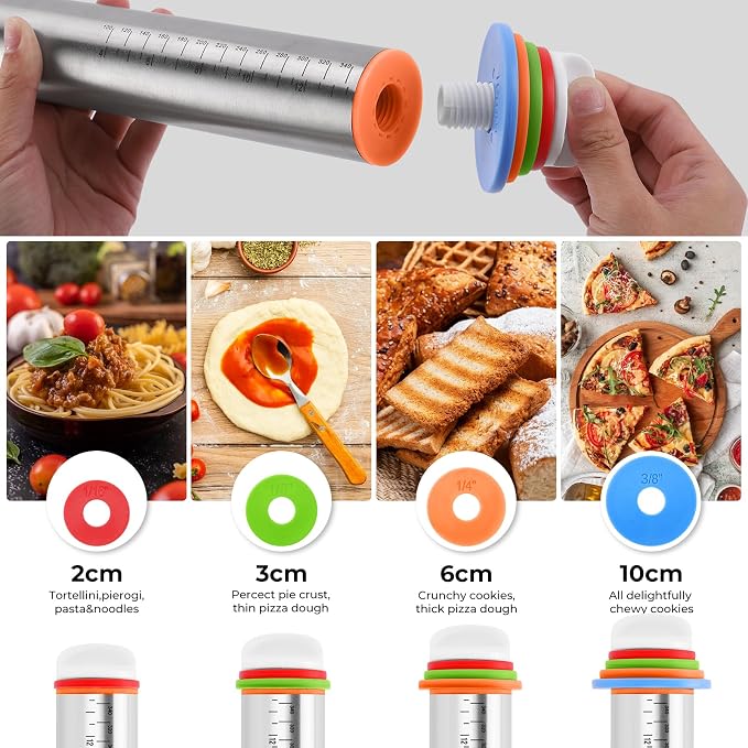 Rolling Pin with Adjustable Thickness Rings and Silicone Baking Pastry Mat Set - Image 5