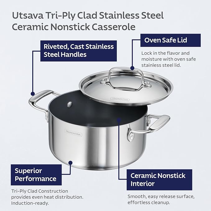 Tramontina Utsava Tri-Ply Clad Stainless Steel 5-Quart Casserole - Image 3