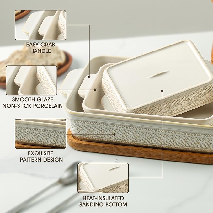 Casserole Dishes for Oven, Ceramic Baking Dishes Set of 3, Rectangular Lasagna - Image 3
