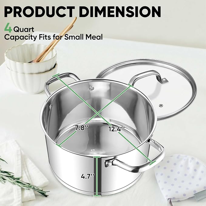 TeamFar Stainless Steel Stock Pot, 4-quart Tri-ply Base Stockpot Cooking Pasta - Image 2