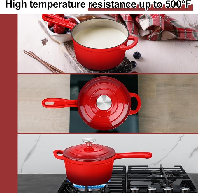 1 Quart Saucepan with Lid, Leonyo Enameled Cast Iron Sauce Pan with Lid - Image 4