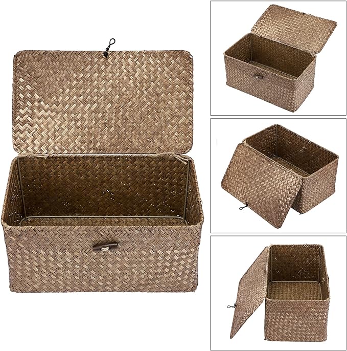 Sumnacon Wicker Basket with Lid Rectangle Woven Baskets - Image 4