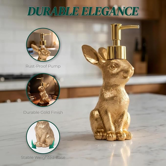 Gold Bunny Soap Dispenser Set of 2 – Vintage Rabbit Hand & Dish Soap Dispensers - Image 3