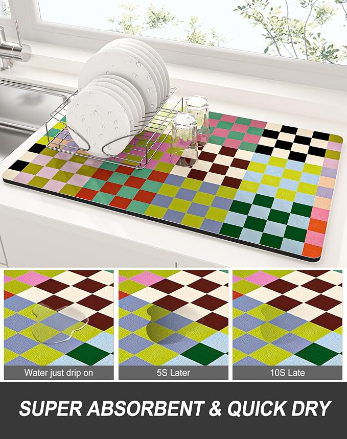 Rnivvi Dish Drying Mat for Kitchen Counter, XL 15 x 24" Cute Checkered - Image 3