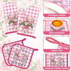 Fourluoo 10 Pcs Pink Rose Kitchen Decor Set Towels and Rugs Oven Mitts and Pot - Image 5