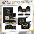 Bencailor 6 Pcs Marble Kitchen Decor Gold Pot Holders Oven Mitts 2 Dish Towels - Image 3