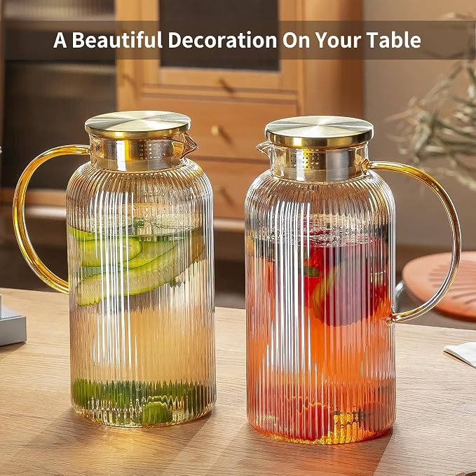 Buaic Glass Pitcher with Lid, 68 oz/ 2 Liter Amber Classic Vertical Stripes - Image 7