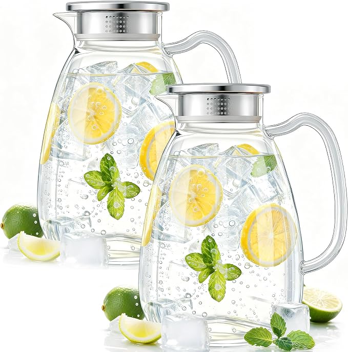 Glass Pitcher with Lid and Handle, 2.2L Borosilicate Glass Water Carafe by Unknown