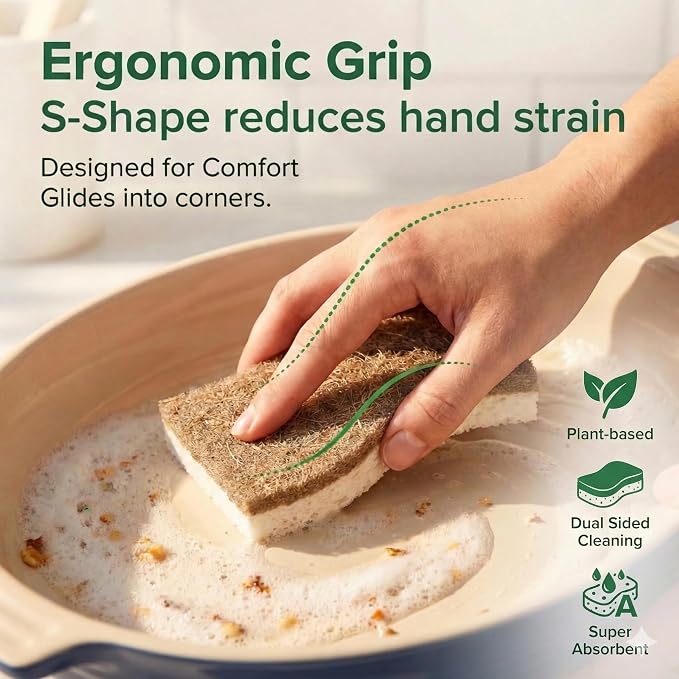 6 Pack Natural Kitchen Sponges, Compostable White Cellulose & Organic Coconut - Image 5