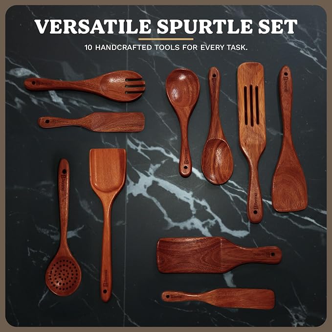10Pcs Wooden Kitchen Utensil Set, Premium Natural Acacia Wood Cooking Utensils - Image 4