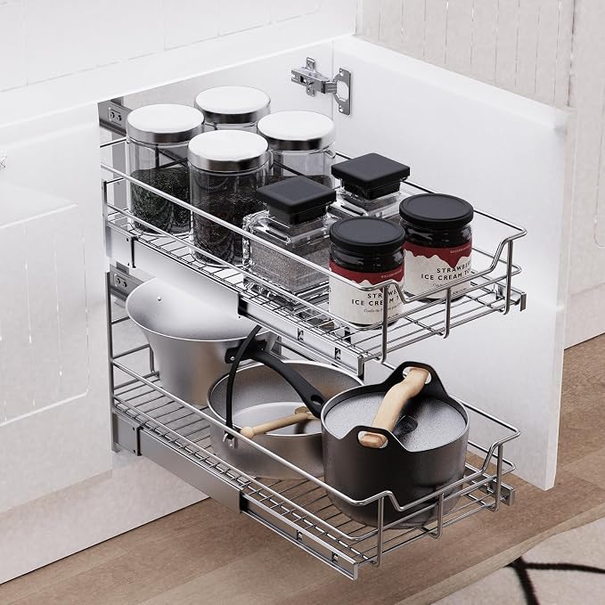 2 Tier Pull Out Cabinet Organizer 18" W X 22" D, Slide Out Drawers - Image 5