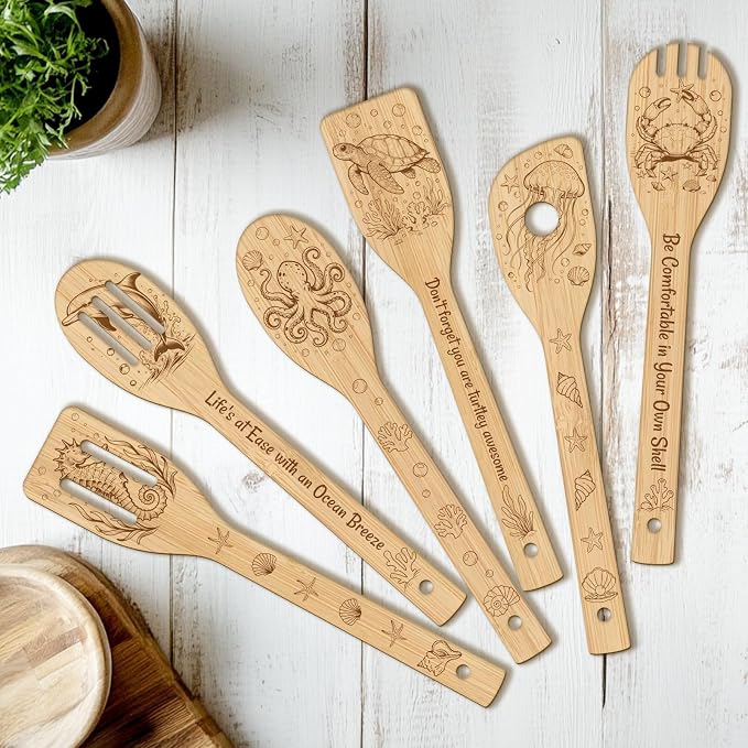 CUTHOLLOW 6PCS Marine Animals Wooden Kitchen Cooking Utensil Set, 11.9in Non by CUTHOLLOW