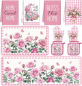 Fourluoo 10 Pcs Pink Rose Kitchen Decor Set Towels and Rugs Oven Mitts and Pot by Fourluoo