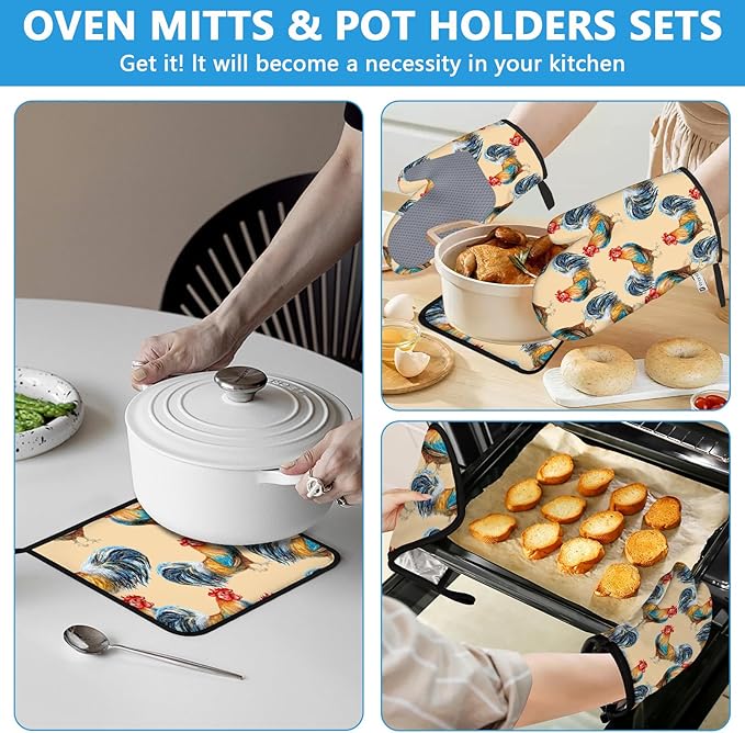 Watercolor Rooster Oven Mitts and Pot Holders Sets Heat Resistant 4Pcs - Image 6