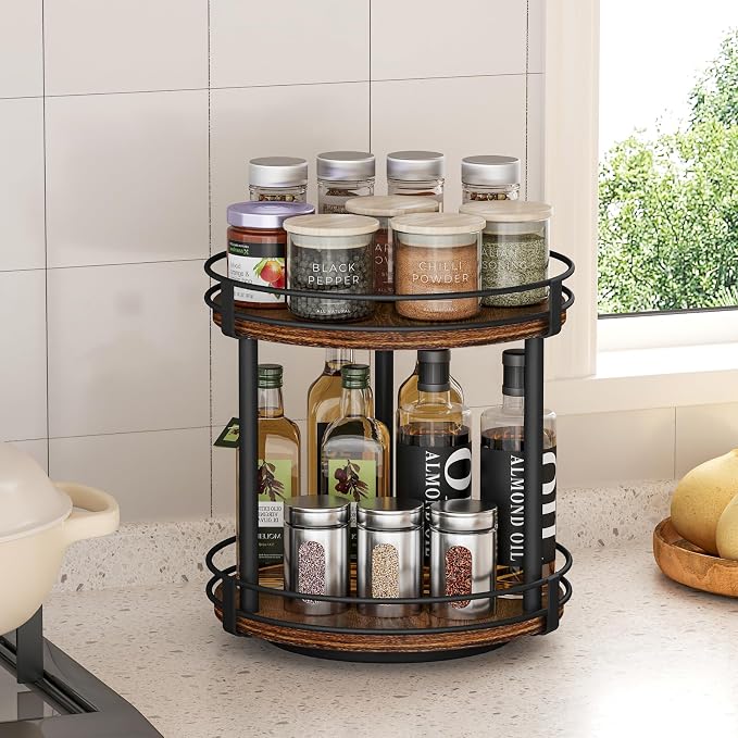 Snughome Rotating Spice Rack, 2 Tier Lazy Susan Organizer, Wood Kitchen - Image 2