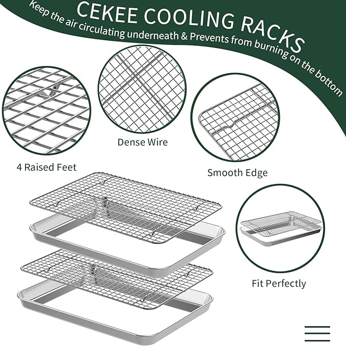 Quarter Sheet Pan with Cooling Rack Set, CEKEE Stainless Steel Cookie Sheets - Image 4