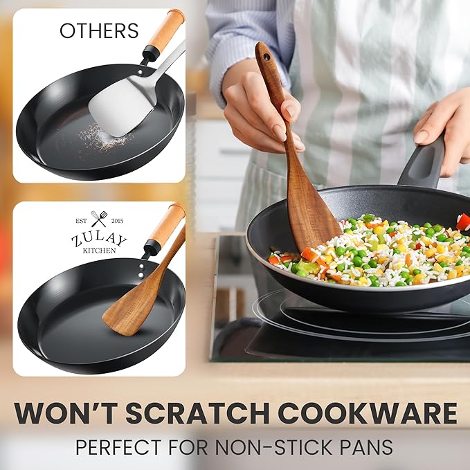 Zulay Kitchen Teak Wood Utensil Set – 2 Piece Large Wooden Cooking Spoon and - Image 8