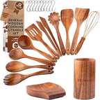 12-Piece Teak Wooden Kitchen Utensil Set – Nonstick Safe Cooking Spoons & by Renexas
