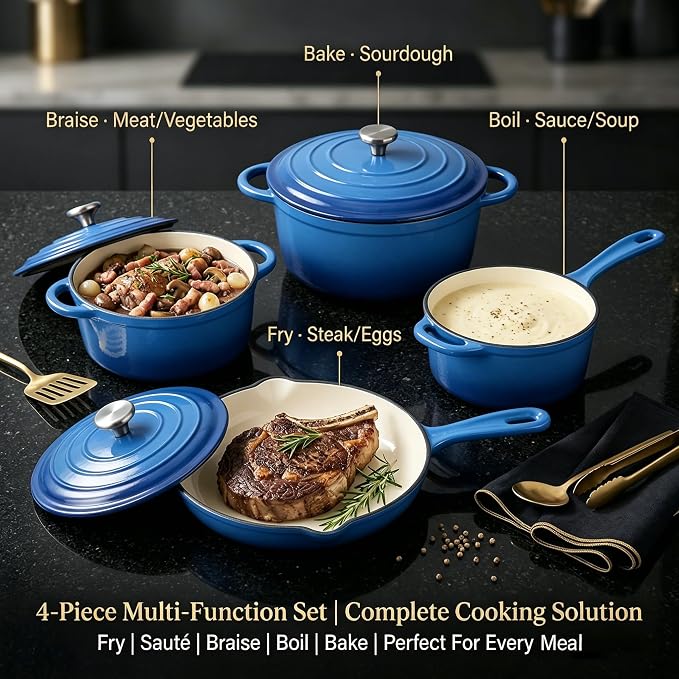 QuliMetal Enameled Cast Iron Cookware Set, 4-Piece Pots and Pans Set - Image 6