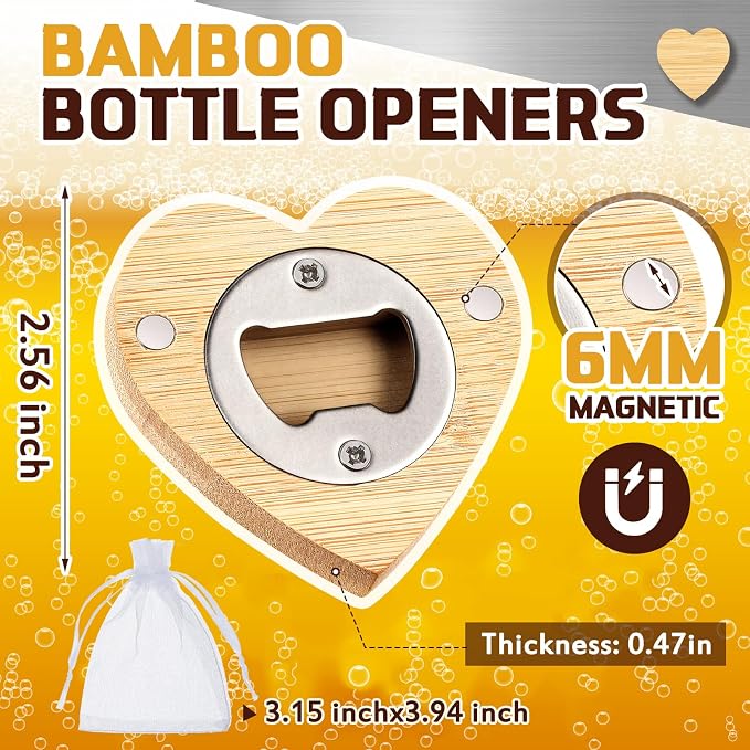 Vesici 50 Pcs Magnetic Bottle Opener 2.5in DIY Bamboo Heart Shape Beer Openers - Image 2