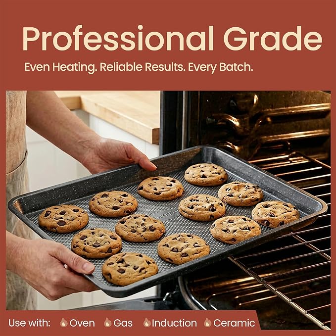 Diamond Bottom Cookie Sheet Set of 2, Nonstick Gray Marble Carbon Steel Baking - Image 3