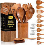 Wooden Spoons for Cooking, Comfortable Grip, Heat Resistant Cooking Utensils Set by Mooues