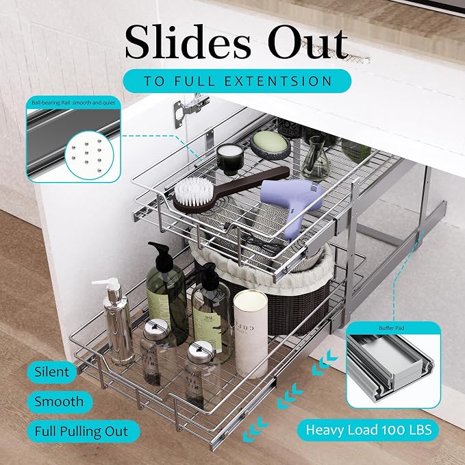 2 Tier Pull Out Cabinet Organizer 20" W X 22" D, Slide Out Drawers - Image 3